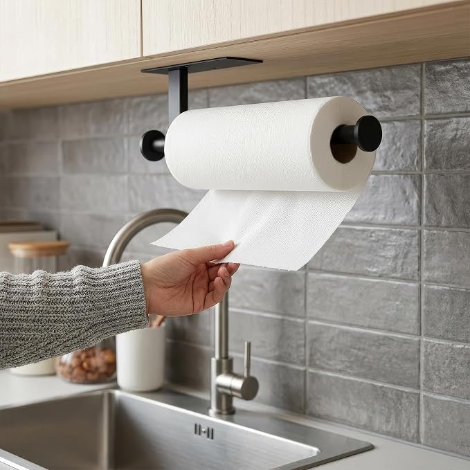 Paper Towel Holder Wall Mount - Self Adhesive No Drill or Drilling, SUS304 Stainless Steel - Kitchen, Bathroom, Sink, Pantry, Fridge(Black) | Maximize countertop space with secure roll storage. Fits kitchens, bathrooms, RVs and pantries with flexible m...