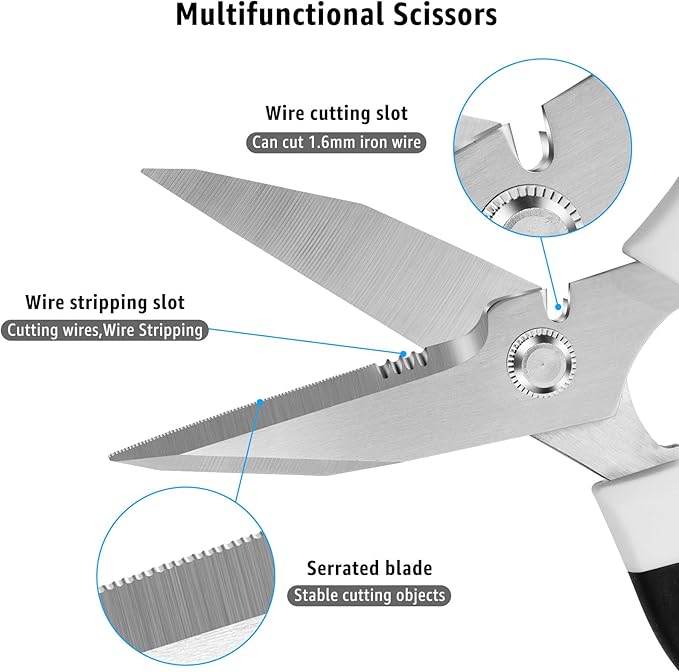 BoFuYuan Utility Scissors All Purpose heavy duty 8-Inch White | Comfort Grip, Sharp Serrated Blades Cutting Carpet Cardboard Wire Fabric, Multipurpose Shears for Kitchen Garden Office Craft