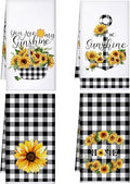 4 Pcs Sunflower Kitchen Towels Set, Hand Tea Towels Gifts | Absorbent Fast Drying Dish Clothes Yellow Black White Plaid Decor Housewarming Gift for Cooking Bathroom Kitchen Decor