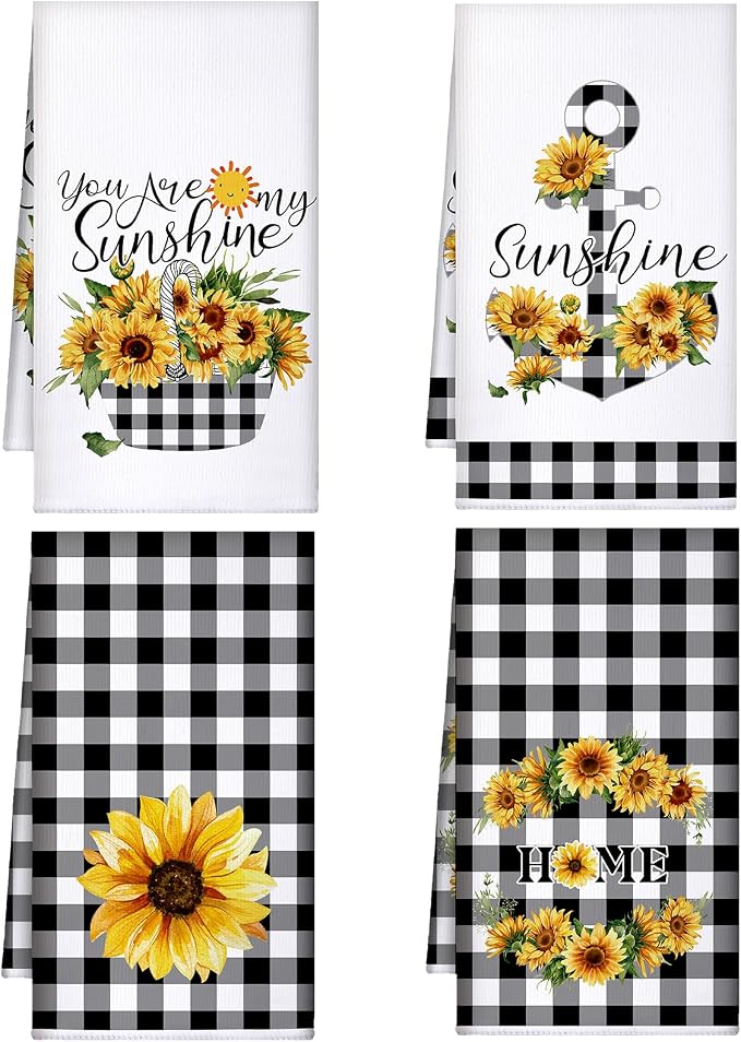 4 Pcs Sunflower Kitchen Towels Set, Hand Tea Towels Gifts | Absorbent Fast Drying Dish Clothes Yellow Black White Plaid Decor Housewarming Gift for Cooking Bathroom Kitchen Decor