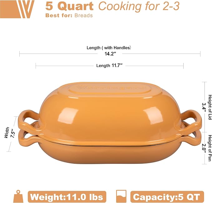 VORRINGARD Enameled Cast Iron Sourdough Bread Oven, Dutch Oven, Loaf Cast Iron Bread Pan for Homemade Bread Baking, Meatloaf Pan with Lid, 5QT, Yellow