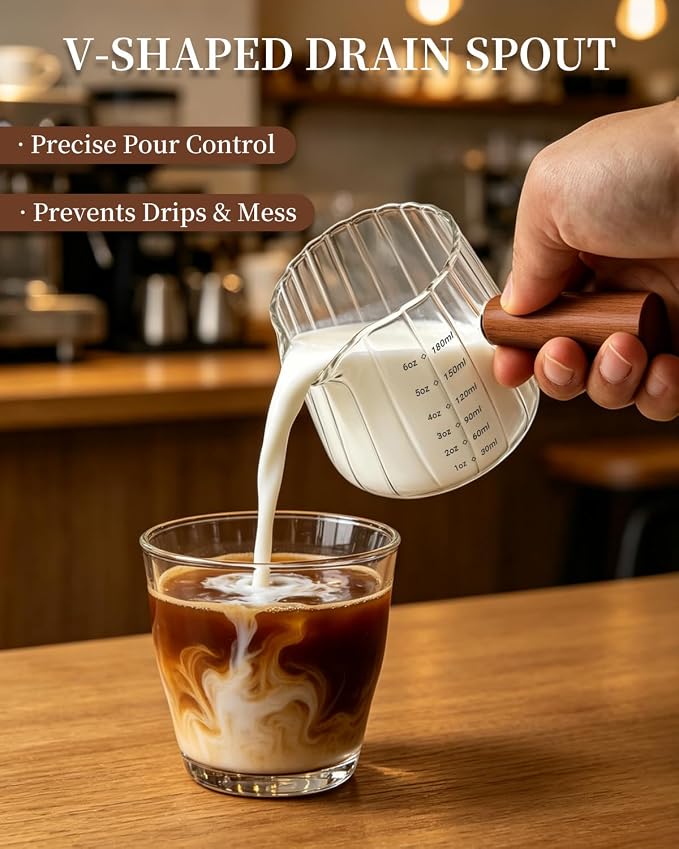 Espresso Measuring Cup 6 Oz, Espresso Glass Cups with Wood Handle, Milk Frothing Cup, Espresso Cup for Coffee, Milk, Tea or Maple Syrup Serving