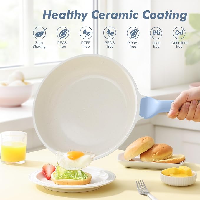 SENSARTE 8Inch Nonstick Ceramic Frying Pan with Lid, PFAS/PTFE Free, Blue | Ceramic Omelette Pan Skillet, Healthy Non-toxic Chef's Pan, Induction Compatible Pan, Heat Resistant Handle