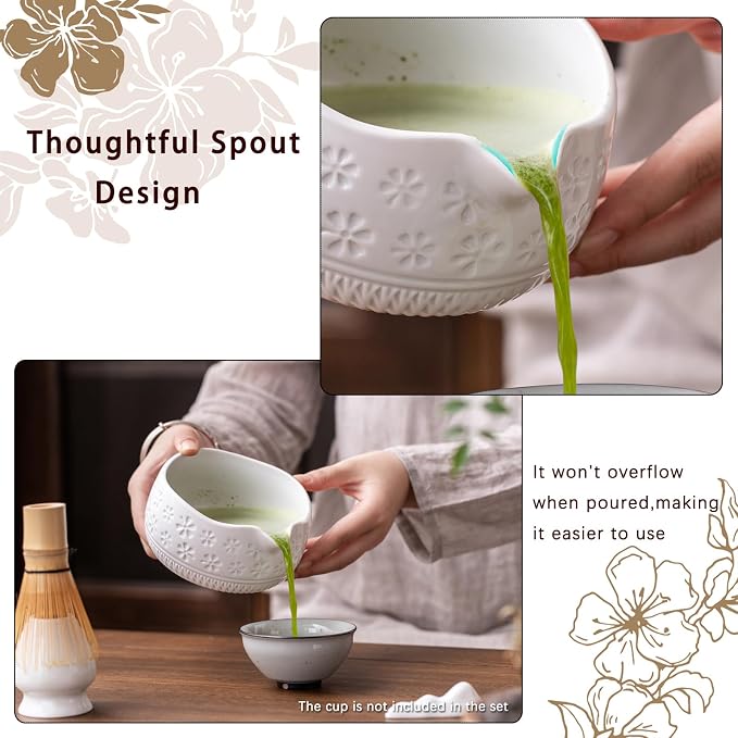 Buucup Matcha Whisk Set, Ceramic Kit with Bowl & Bamboo Accessories | 7-piece set includes ceramic bowl, bamboo whisk, scoop, holder, rest, sifter and tea towel. Great for beginners and gifts.