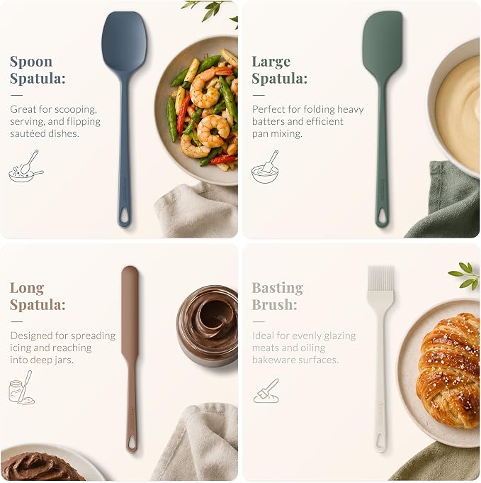 Astercook 6-Piece Silicone Spatula Set, 560°F Heat Resistant Rubber Spatulas with Stainless Steel Core, Nonstick Safe & Dishwasher Safe Baking Spatula Set for Cooking & Mixing, Morandi Earth Colors