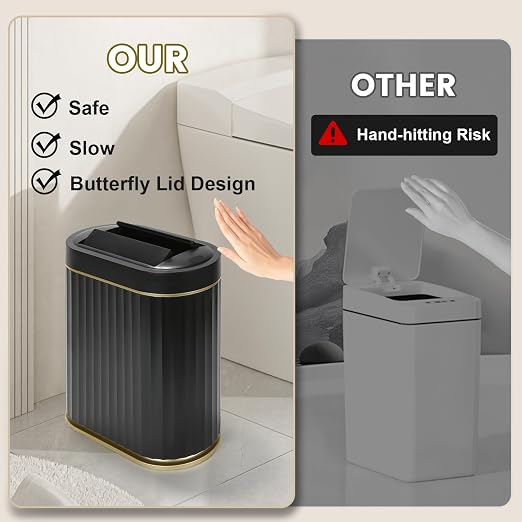 ELPHECO Motion Sensor Bathroom Trash Can with Lid 2 Gal Automatic Trash Can | Butterfly Lid, Room Decor Bathroom Accessories, Motion Sensor Wastebasket Garbage Can, Kitchen Living Room Office, Black Gold