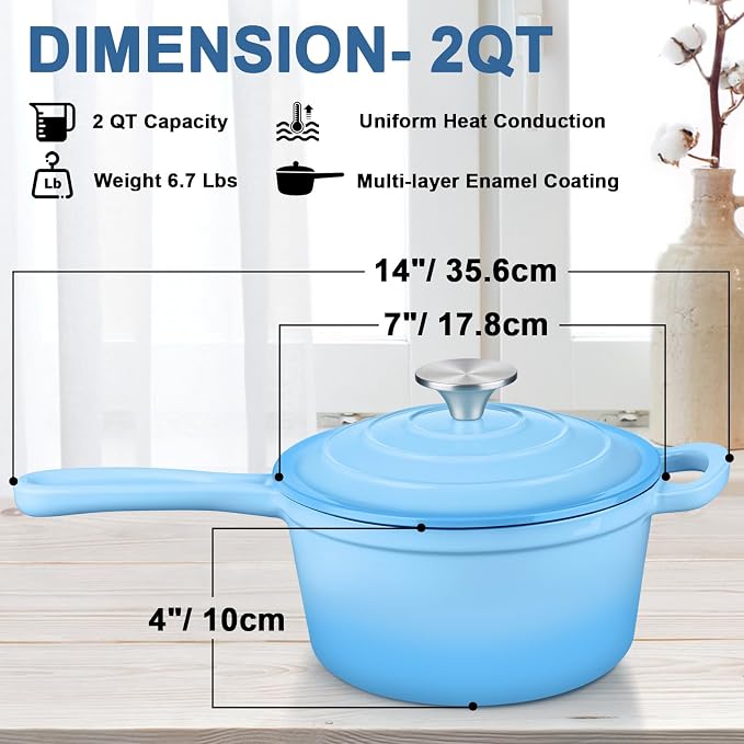 Enameled Cast Iron Sauce Pan with Lid, Leonyo 2 Quart Saucepan with Lid, Enamel Cast Iron Dutch Oven for All Cooktops Making Pasta Sauce, Milk, Oatmeal - Up to 500°F & 6.7Lbs, Lake Blue