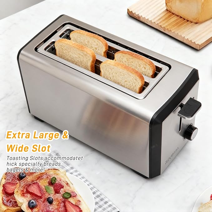4 Slice Long Slot Stainless Steel Toaster with Extra Wide 1.5” Slots | 6 Shade Browning Settings, Defrost Reheat Cancel Functions, Even Toasting for Artisan & Sourdough Bread, Removable Crumb Tray