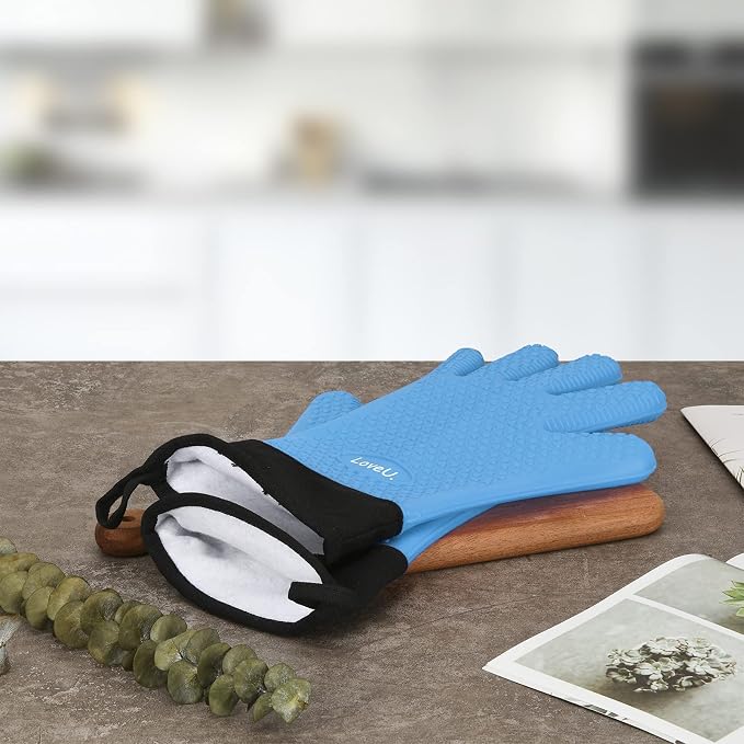 Silicone Oven Mitts Gloves - Heat Resistant, Non-Slip for BBQ, Grilling | 450°F Double-Layer｜Waterproof Kitchen Cooking Barbecue Mittens ｜5 Finger Hot Mitt for Baking, Smoker& Cast Iron(XL-XXXL)