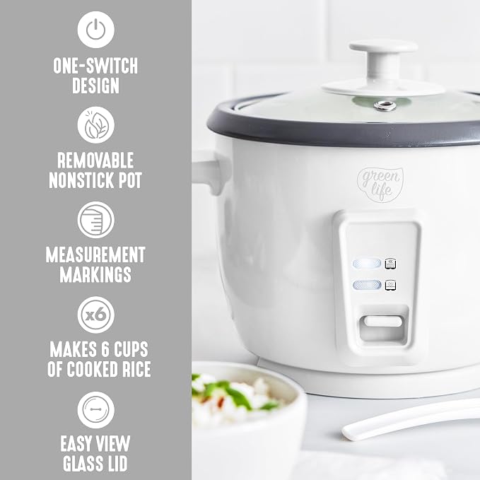 GreenLife Rice Cooker, 3-Cups Uncooked/6-Cups Cooked, White | PFAS-Free Ceramic Nonstick Removable Pot, One-Switch Design, Grains Multicooker, Keep Warm, Dishwasher Safe Parts, Easy Clean