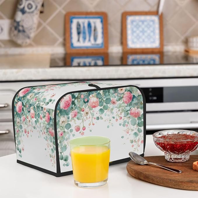 4 Slice Toaster Cover Watercolor Flowers Leaves Toaster Covers Four Slice Wide Slot Waterproof and Dustproof Covers for Wide Slot Toasters and Small Appliances Kitchen Decor Gifts