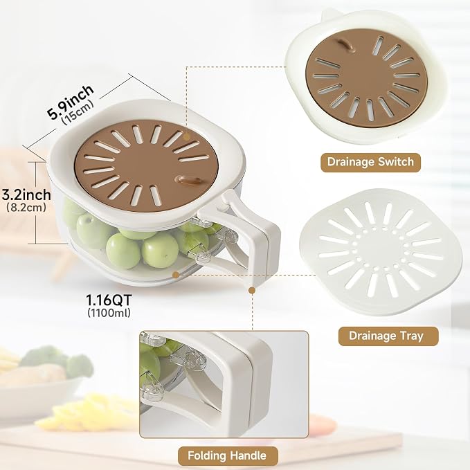 Fruit Vegetable Washing Bowl with Strainer, Multifunctional Produce Washer, Berry Container, Lettuce Keeper for Fridge Refrigerator Organization, Portable Strainers and Colander for Kitchen (Brown)