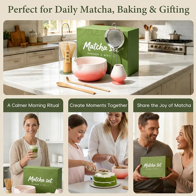 Matcha Whisk Set, Ceramic Matcha Set Includes Bowl & Holder, Bamboo Whisk (Chasen), Scoop, Spoon and Sifter, 6Pcs Matcha Kit Covers Everything Needed for Making Matcha (Red)