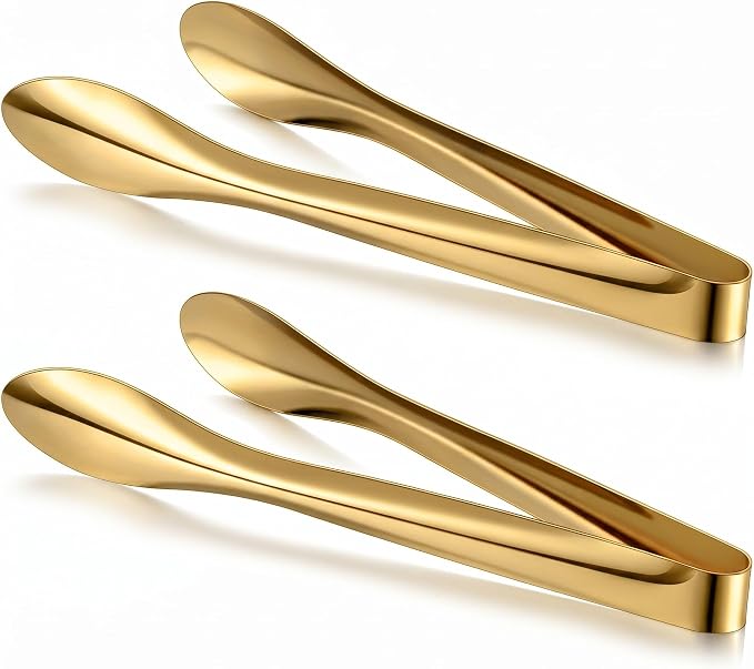 2 Pack Polished Stainless Steel Serving Tongs 12 Inch Metal Food Gold Tong for Buffet Salad BBQ Grilling Heavy Duty Kitchen Utensils for Cooking Catering Wedding Party