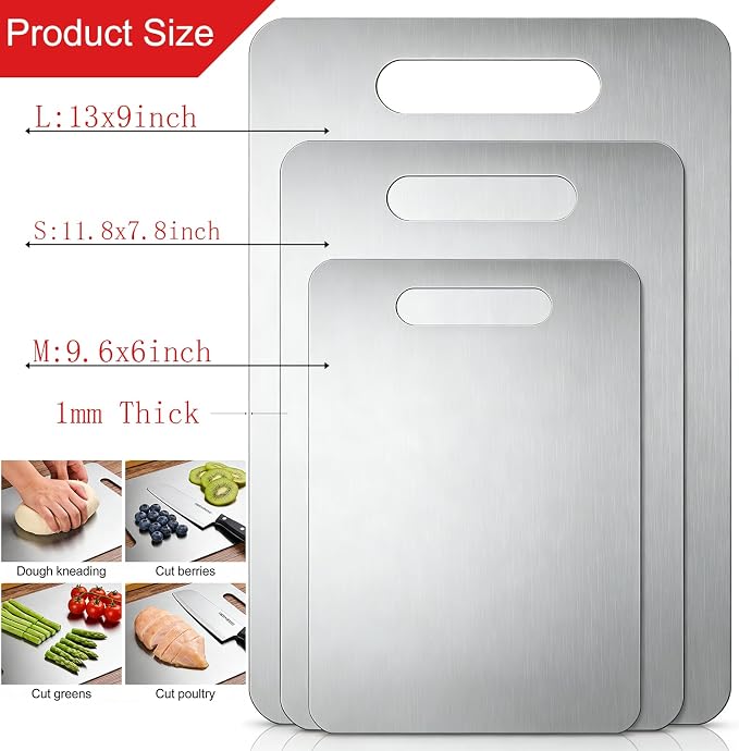 3-Piece 304 Stainless Steel Cutting Board Set (1mm Thick) – S:9.5"x6", M:11.8"x7.8", L:13"x9" Reversible Boards with Handle for Kitchen, Home & Outdoor Use