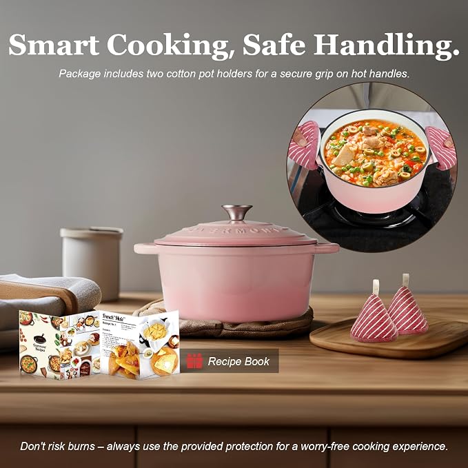 Overmont Enameled Cast Iron Dutch Oven - 7QT Pot with Lid Cookbook & Cotton Potholders - Heavy-Duty Cookware for Braising, Stews, Roasting, Sourdough Baking pink