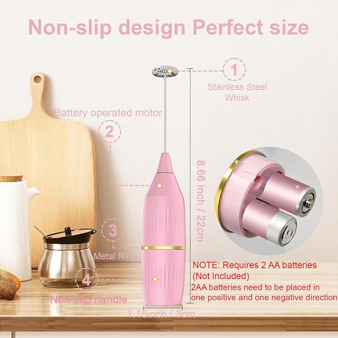 Handheld Milk Frother Wand, Pink | For Coffee, For Matcha, For Latte & Cappuccino, For Hot Chocolate & Egg