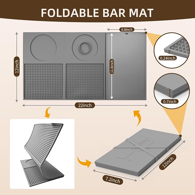 ZJWZLG 22"x12" Trifold Bar Mat with Cutting Board — 3-Zone Bartender Station, Extra Large Silicone Cocktail Mat, Folding Drink Prep Mat for Home Bar, Portable Bartending Accessories, Wipe-Clean(Grey)