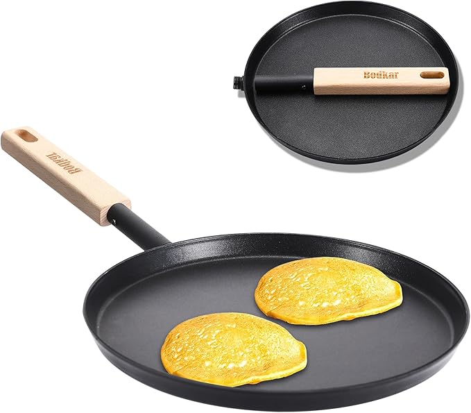 bodkar Frying Pan Skillet Pre-Seasoned 8-inch Flat Griddle Pan | Lightweight Grill Pan with Wooden Handle for Camping Indoor Outdoor Cooking (Black, 8-inch)