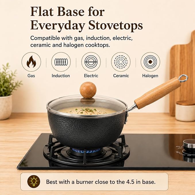 WANGYUANJI 1.6 Qt Small Iron Saucepan with Lid, 7.1-Inch Ramen Cooking Pot | Uncoated hammered iron body with removable wooden handle; ideal for ramen, milk, sauces and single-serve meals on induction.