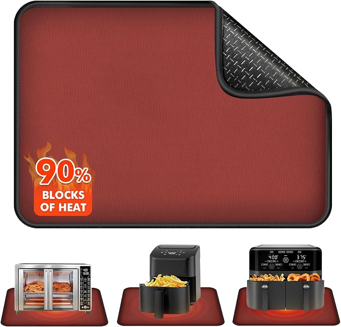 Non-slip Air Fryer Mats for Countertop, 2mm Thick, 14x12 in, Red | 1022°F Fireproof mat, heat resistant mats for countertop, non-slip silicone bottom, air fryer accessories for ninja, cosori