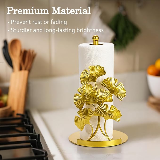 Vintage Gold Ginkgo Paper Towel Holder Countertop - Gold Kitchen Decor and Accessories, Luxury Housewarming Gifts for Women, 3D Ornate Leaf Textured, Retro Design Home Decor, Weighted Base & Felt Pad