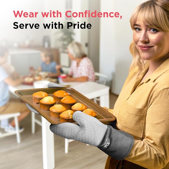 Kitchen Mama UltraShield Silicone Oven Mitts, Metal Gray | Heat Resistant, Non-Slip Surface, Waterproof, Flexible, Durable