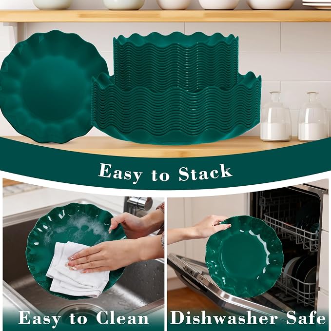 LIYH 50 Pcs Christmas Plastic Plates - Green Scalloped Plates Unbreakable | Holiday Dishes Reusable Dishwasher Safe BPA Free for Christmas Day(25Guests)