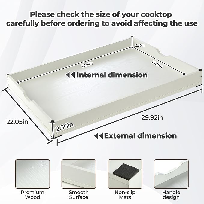 WOLKI Noodle Board Stove Covers for Gas Burners, 30"L x 22"W x 2.5"Th Heavyweight Stove Top Covers for Electric Stove, Buil-in Handles, RV Stove Cover, Sink Cover, Wooden Serving Tray (White)