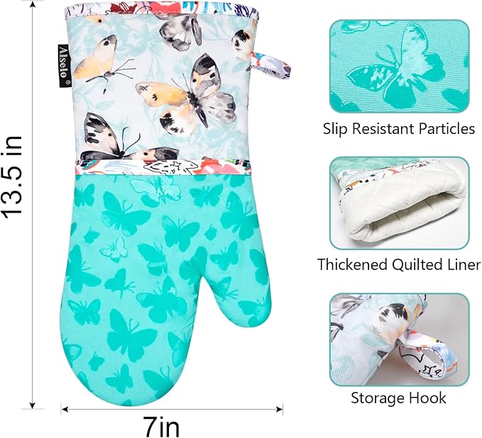 Alselo Oven Mitts 1 Pair, Silicone Printed Kitchen Mittens,7"x13.5" | Heat Resistant & Non-Slip Oven Glove, Fashion Animal Design with Soft Quilted Cotton Lining for Baking Cooking (Turquoise,2)