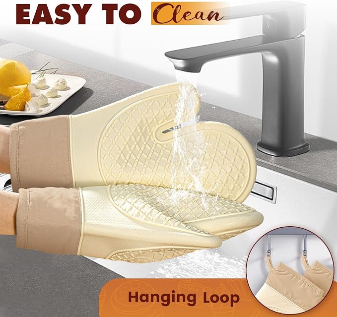 Silicone Oven Mitts (2 PCS), Waterproof Non Slip Grip Oven Gloves with Thick Soft Cotton Lining, Universal Fit Heat Resistant Kitchen Gloves for Baking, BBQ, Cooking and Grilling - White