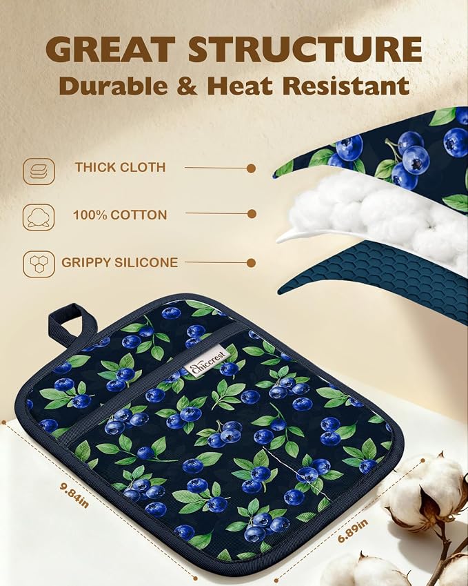 100% Cotton Pot Holders Textured Soft Silicone Blueberry | Stylish Pot Holders 2pcs, Machine Washable Non-Slip Heat Resistant Hot Pads & Oven Mitts 2-in-1, Practical Kitchen Decor