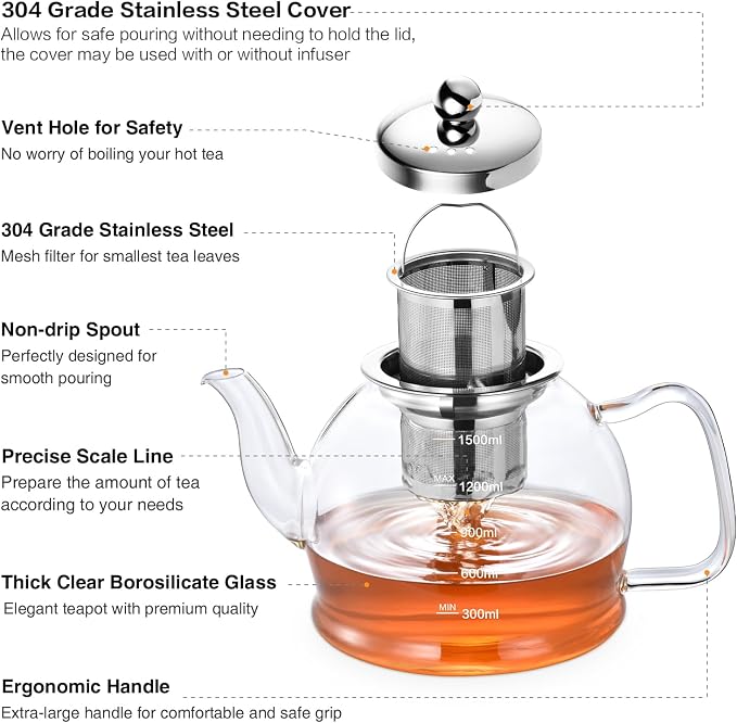 STNTUS Glass Teapot, 52 oz/1500 ml for Loose Tea, Teapot with Infusers for Loose Tea, Stainless Steel Strainer, Tea Pot for Stove