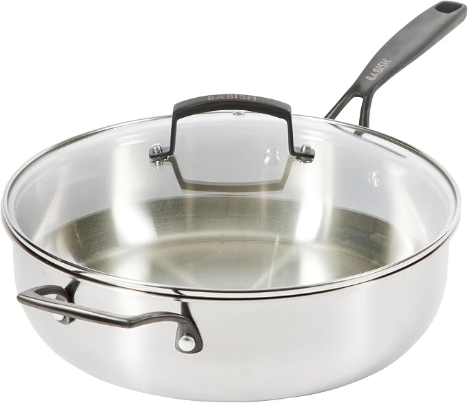 Babish 5-Qt Stainless Steel Sauté Pan with Lid – Heavy Duty Nonstick-Ready, Oven & Induction Safe, Everyday Kitchen Cookware