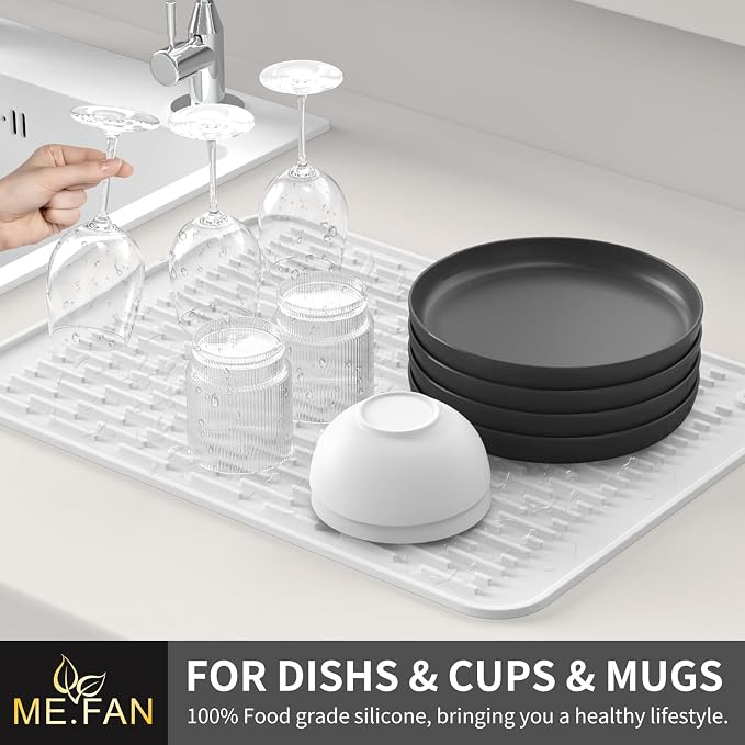 ME.FAN Silicone Dish Drying Mat for Kitchen Counter, Dish Drying Pad for Sink, Refrigerator or Drawer, Countertop Protection Pad L - 18''×16'' - White