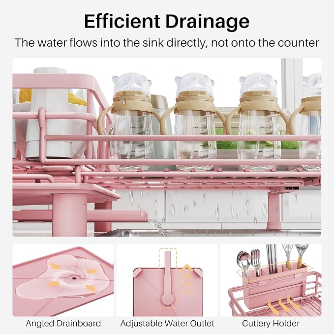 SNTD Expandable Dish Drying Rack for Kitchen Counter, Stainless Steel, Pink | Foldable Over Sink, Large Capacity, Adjust to Fit Most Sinks, Angled Drainboard, Removable Utensil Holder, Slip Resistant