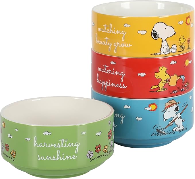 Peanuts Snoopy 5.5-Inch Decorated Stoneware Bowls, Stackable 4-Pack Bowl Set for Cereal, Snacks, or Dessert, Dishwasher & Microwave Safe
