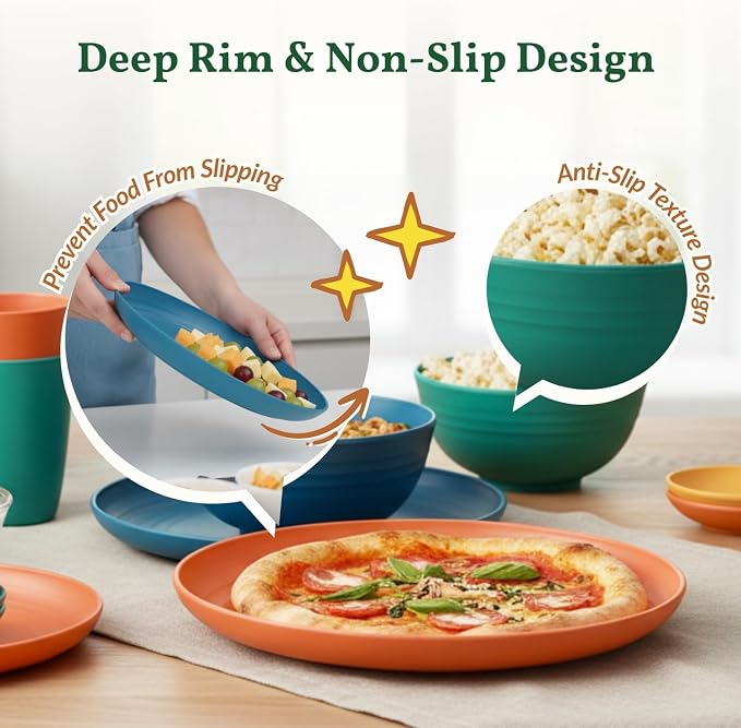 40-Piece Unbreakable Wheat Straw Dinnerwave Sets Plates and Bowls Sets for Kitchen, RV, Dorm, Lightweight Camping Dishes Set, Service for 8, Microwave and Dishwasher Safe Dish Sets (Multi)
