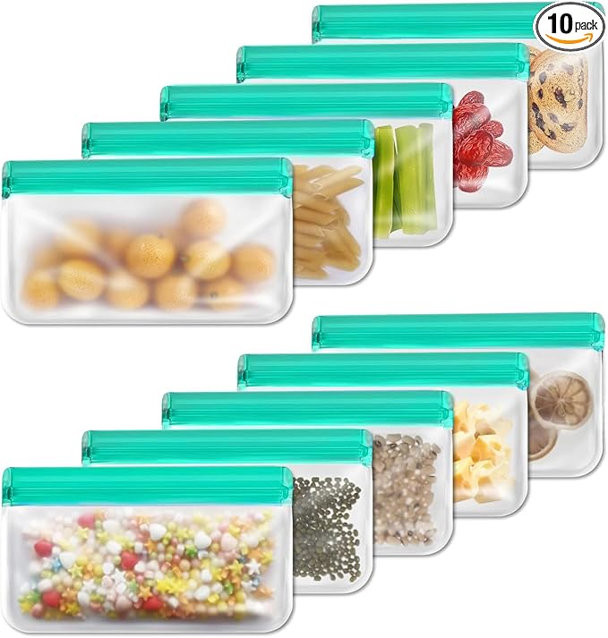 10 Pack Reusable Snack Bags, BPA Free PEVA, Small Snack Size | 10 BPA-free PEVA snack bags with double-seal zippers; dishwasher and freezer safe for lunch, travel, and meal prep.