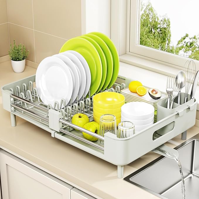 Urackify Extendable Stainless Dish Drying Rack for Kitchen Counter | 13.78"W x 18.7"L, Foldable Drainboard for Space Saving, Knife and Utensil Holder, Fast-draining Spout, Soft Celery Green