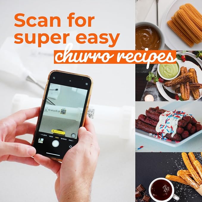 Churro Maker Kit, Booster-Powered Handle, Filler Needle, 3 Nozzles | QR recipe guide, 304 stainless steel nozzle, homemade filled churros, sweet fillings, easy shaping, family cooking activity