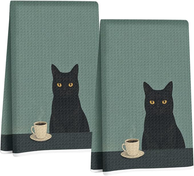 2 Pcs Vintage Coffee Cat Kitchen Towels, Cat Gift Reusable Hand Towels | Cat Dish Cloths for Dishes, Coffee Waffle Dish Towels for Kitchen Bathroom Decor, Cat Lover Gifts for Women Mom Coffee Gifts