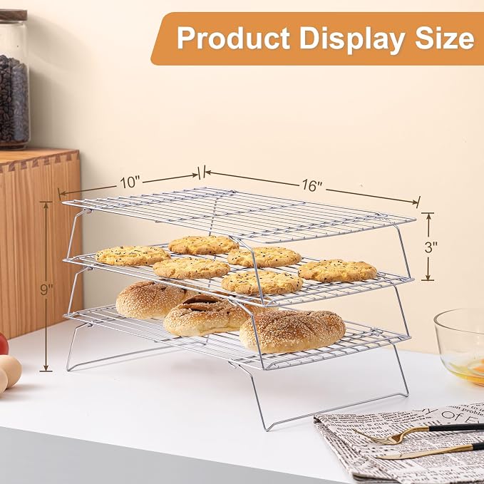 Briout Cooling Rack for Cooking Baking 3 Tiers, 16" x 10" Wire Rack, Silver | Thick Wire Rack, Oven & Dishwasher Safe, for Roasting, Grilling, Drying, Fits Half Sheet Pan