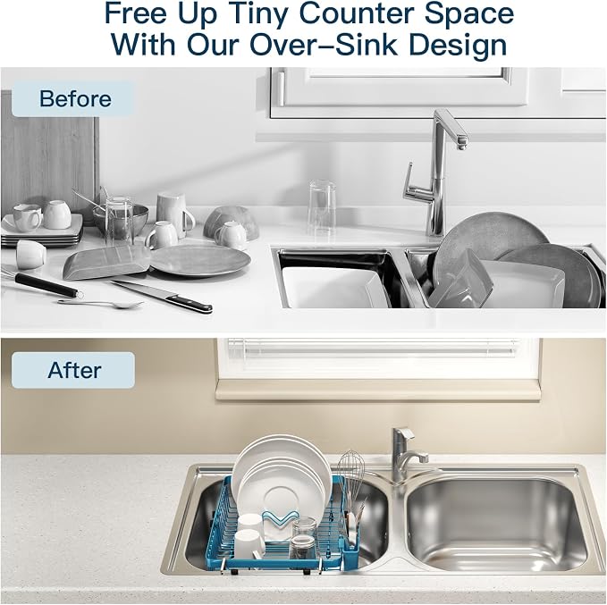 Blue Dish Drying Rack Over The Sink with Utensil Holder | Expandable Stainless Steel Dish Drainer for Small Kitchen, Apartment, RV, Counter Space Saving, Perfect Fit, Rustproof