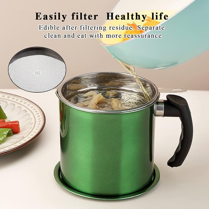 Kyraton Bacon Grease Container With Strainer, 48 oz Metal Shining Green Coating Oil Container, Pot Fat Storage With Lid, Easy Grip Handle Suitable For Storing Frying Oil And Cooking Grease