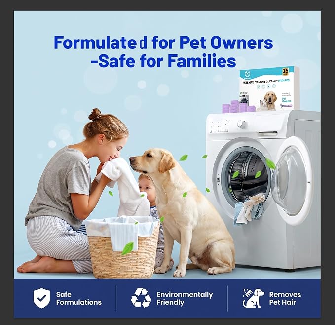 Washing Machine Cleaner,Formulated for Pet Owners,Purple 15 Pack | 1+Year Supply,Compatible with HE, Top & Front Load Washer,Septic Safe,Fresh Scent,Removes Residue,Remove Stubborn Pet Hair