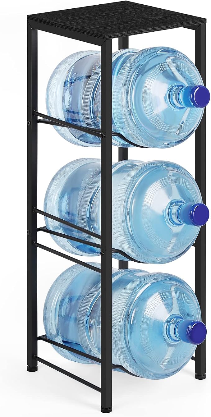OYEAL Water Bottle Holder Organizer 5 Gallon Water Jug Stand with Shelves, 3-Tier Water Bottle Dispenser Stand for Kitchen Living Room Office, Black