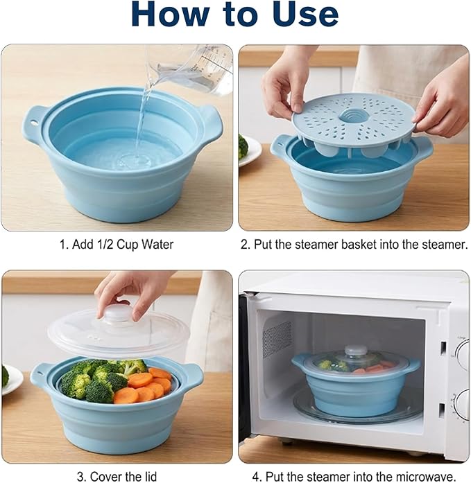 42oz Silicone Microwave Food Steamer with Steam Basket, Collapsible Steamer for Cooking Vegetable, Seafood, Dumplings, Rice Cooker, BPA Free Small Steam Pot with Handle & Lid, Dishwasher Safe (Green)
