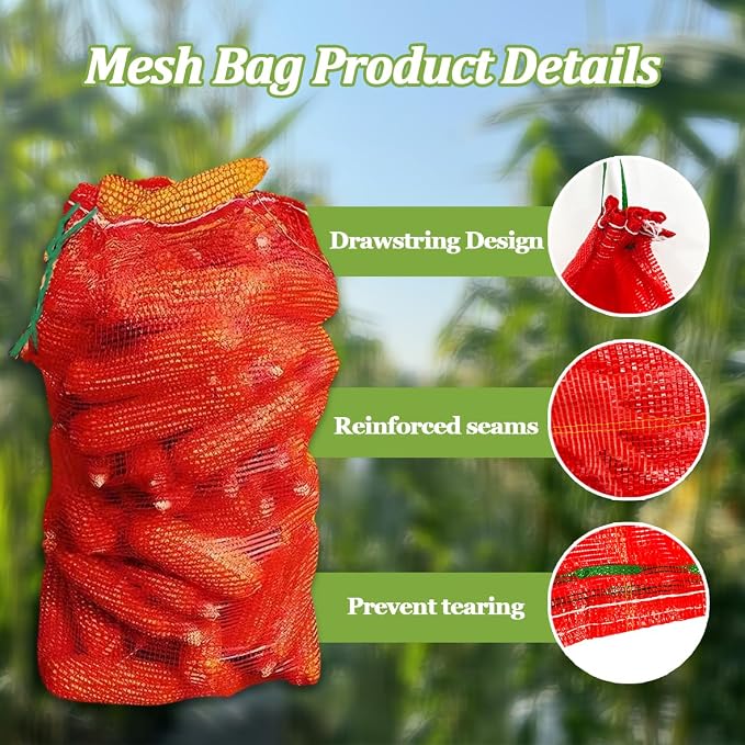 20 Pack 25''x14'' Large Mesh Onion Bags for Produce & Firewood | Reusable Breathable; with Drawstring Closure; Holds up to 30lbs; Ideal for Onions, Potatoes, Crawfish, Firewood Storage