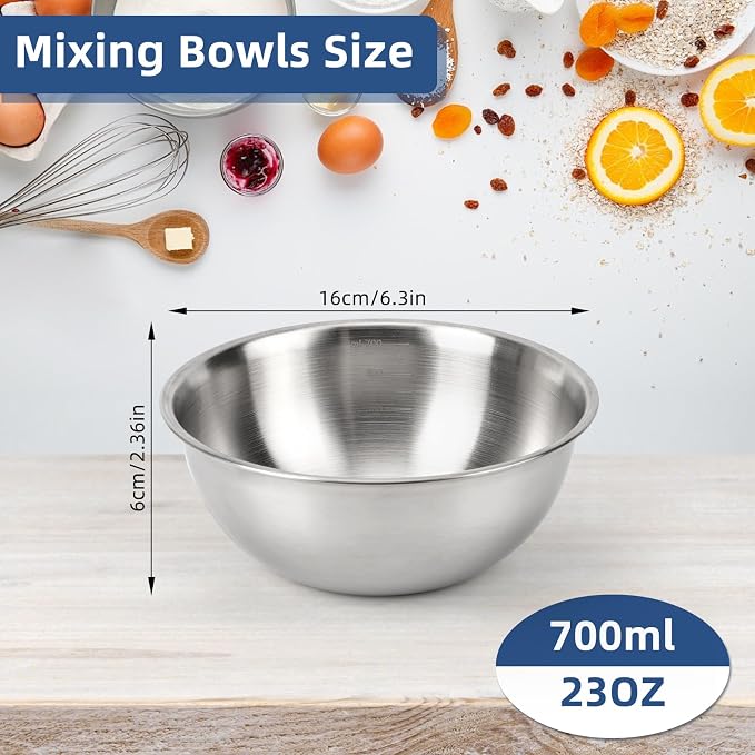 4-Piece Stainless Steel Mixing Bowls (6.3") Metal Bowl Set with Measurement Marks, Dishwasher Safe & Stackable - Perfect for Baking, Meal Prep, Salad Making